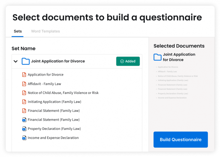 Select documents to build questionnaire
