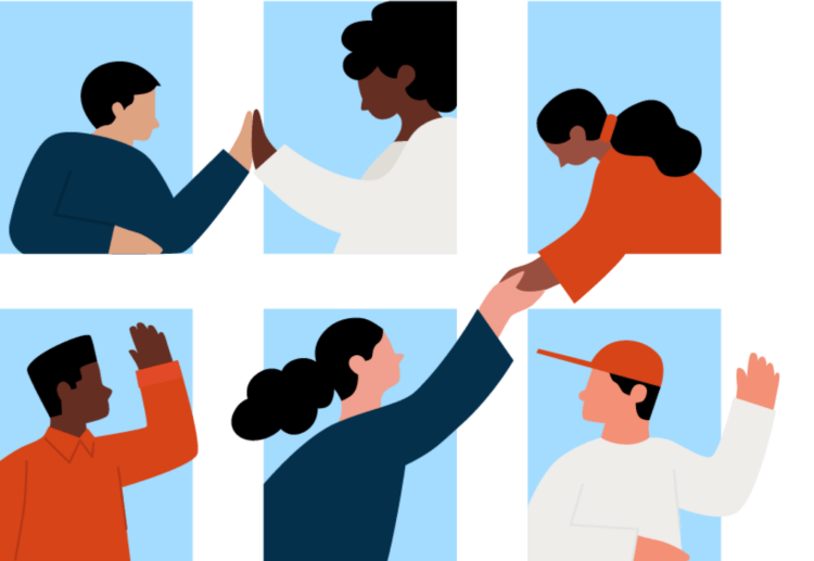 A grid of six illustrations showing people interacting, some touching hands, others facing each other.