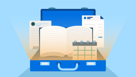 An illustration of an open briefcase filled with a book and documents, symbolizing helpful resources for law firms.