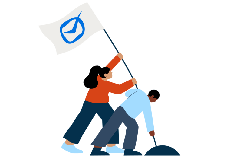 An illustration of two people working together to plant a flag that has the Clio logo on it.