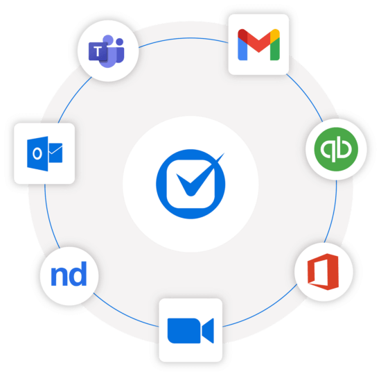 A diagram showing various communication app logos connected in a circle to a central checkmark.