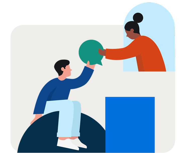 Animated man holding a speech bubble towards a woman in a window, representing connection.