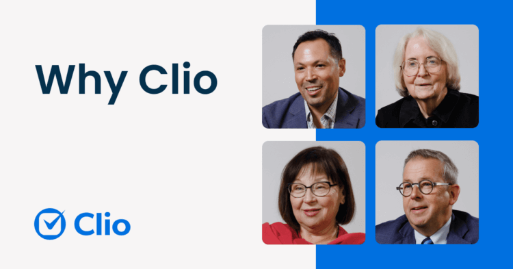 A graphic with the text "Why Clio?" beside a collage of four headshots of legal professionals.