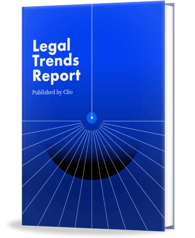 A book titled “Legal Trends Report” with a blue cover and a radiating data visualization.
