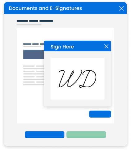 A software interface shows a document with a pop-up window in the center. The pop-up window has the title "Sign Here" and contains a handwritten signature that appears to be the initials "WD" in a cursive script. The main window is titled "Documents and E-Signatures."