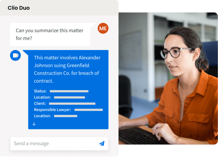 A lawyer uses Clio Duo, a legal AI partner, to instantly summarize a case matter.