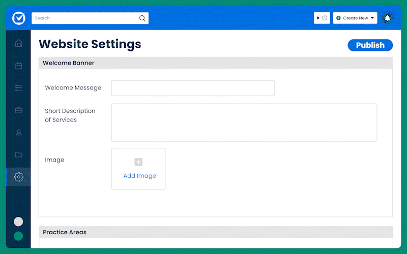 A software interface for "Website Settings" is displayed, featuring fields for "Welcome Banner" content including "Welcome Message," "Short Description of Services," and an "Add Image" button. A "Publish" button is visible at the top right.