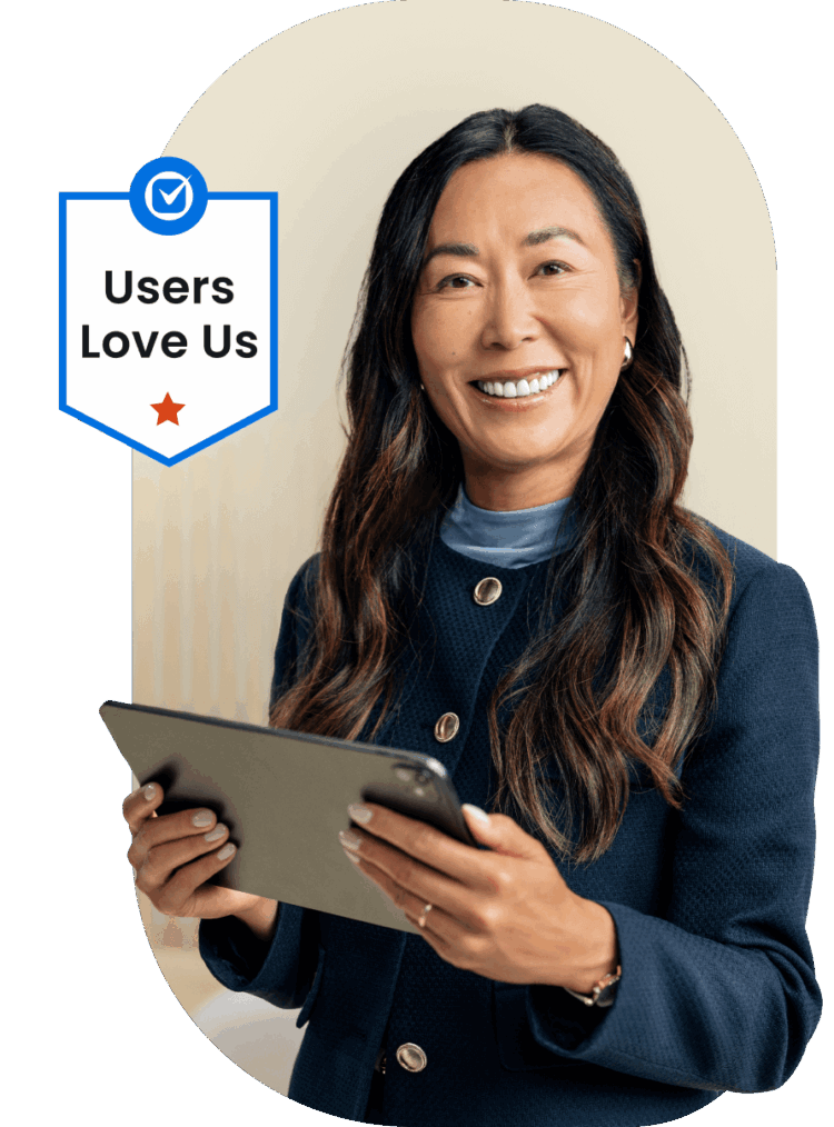 Woman with tablet, text reads "Users love us"