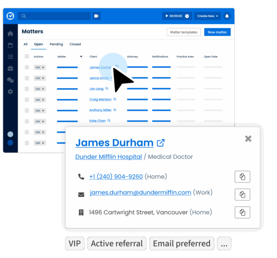 UI graphic of Clio Manage showing contact details