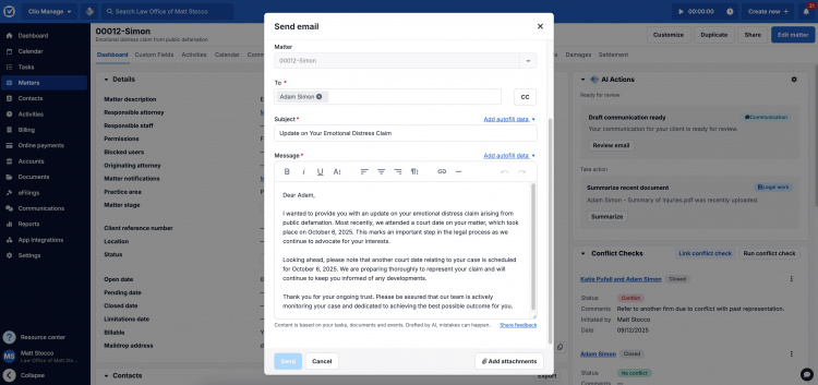 screenshot of AI-assisted client communications in Manage AI