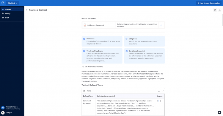 screenshot of contract review in Clio Work