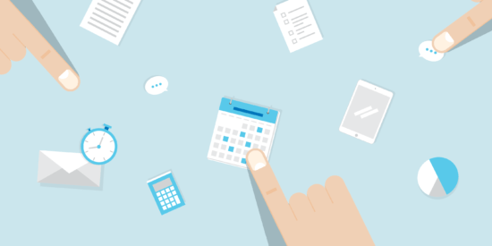 On top of a pale blue background, there are three printing fingers, each pointing at different symbols relating to a law firm's operations: an email envelope, a calendar, a timer, a pie chart, and more.