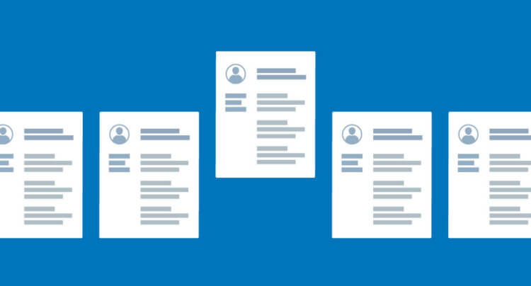 An illustration showing five CVs with one above the others, indicating the concept of legal recruitment