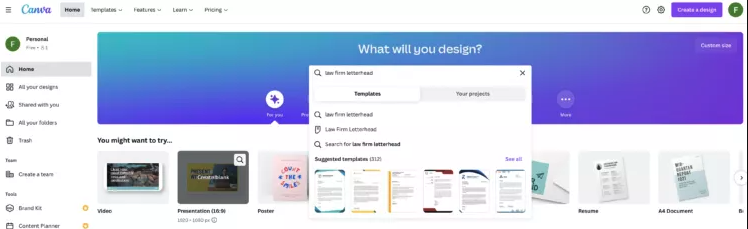 Canva interface, which can be used to create law firm letterheads