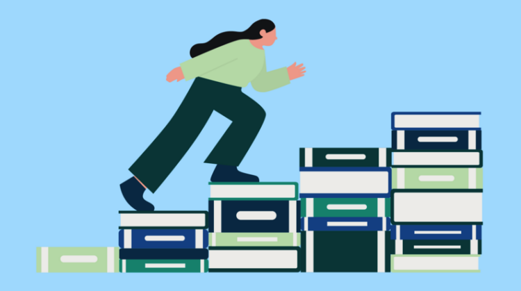 A lawyer climbing a stairs of books