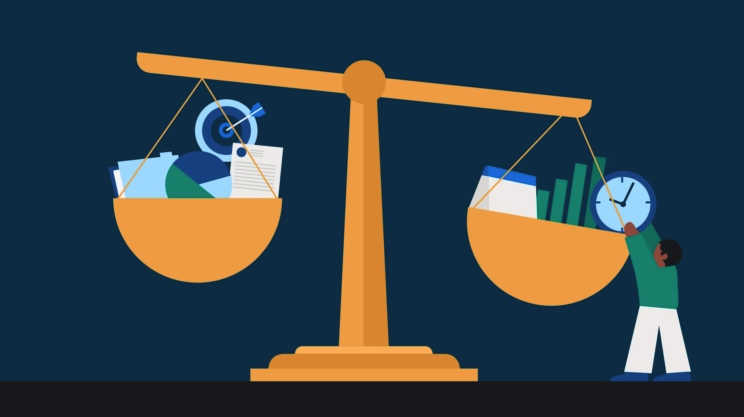 Illustration of a lawyer weighing up their options for optimal law firm business management