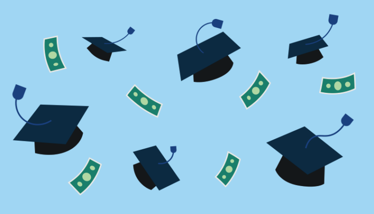 Illustration of graduation caps thrown in the air with dollar bills