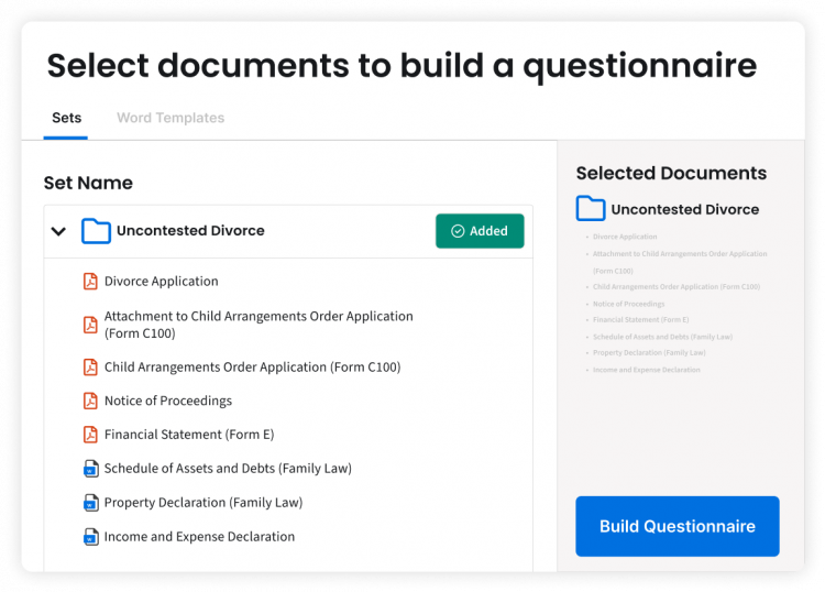 Select documents to build questionnaire