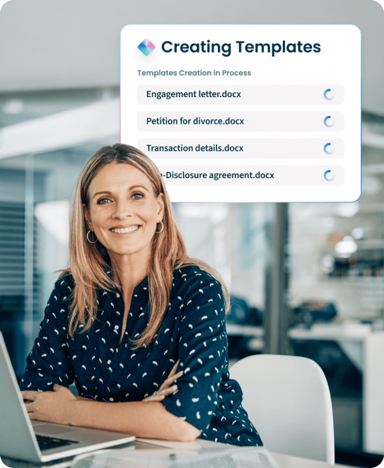 Smiling professional woman with blonde hair viewing a Clio Draft screen showing Templates Creation in Process