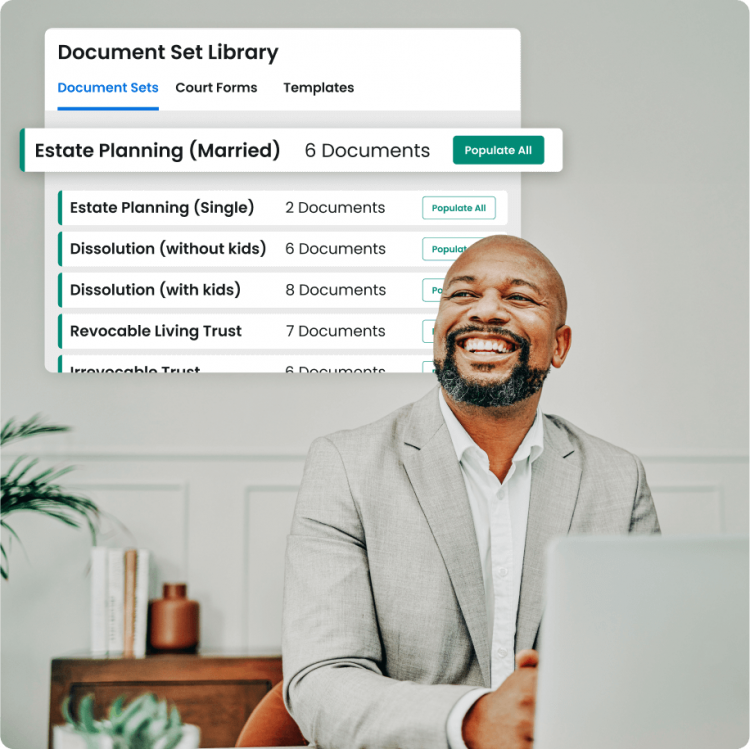 Smiling lawyer viewing Clio Draft's Document Set Library on a laptop screen, showing Estate Planning and Dissolution options.