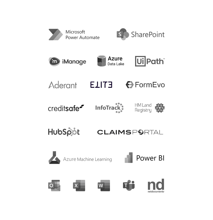 A grid of 17 grayscale logos for various software and services, including Microsoft Power Automate, SharePoint, iManage, Azure Data Lake, UiPath, Aderant, Elite, FormEvo, creditsafe, InfoTrack, HM Land Registry, HubSpot, CLAIMS portal, Azure Machine Learning, Power BI, and the Microsoft Office suite.