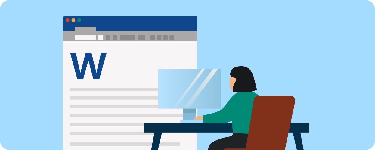 An illustration of a person sitting at a desk, looking at a computer monitor in front of a large, partially obscured Microsoft Word document window
