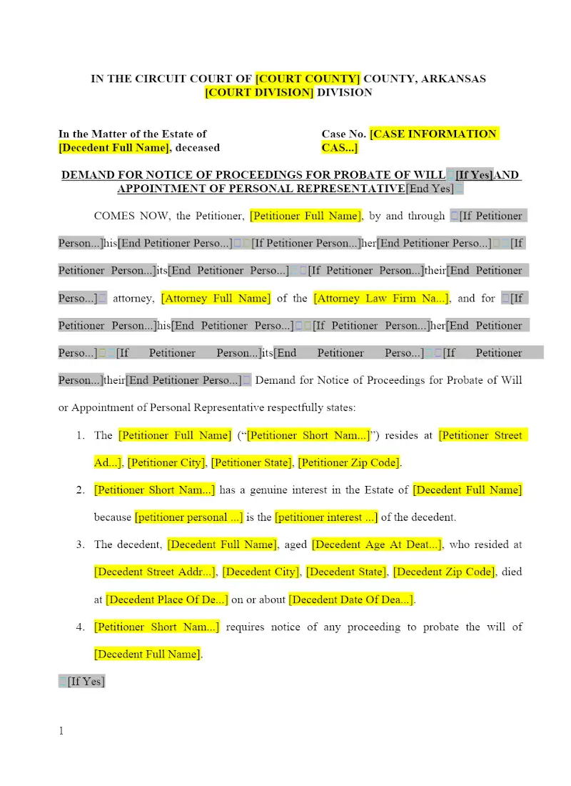 Demand for Notice of Proceedings for Probate of Will (Form 1)