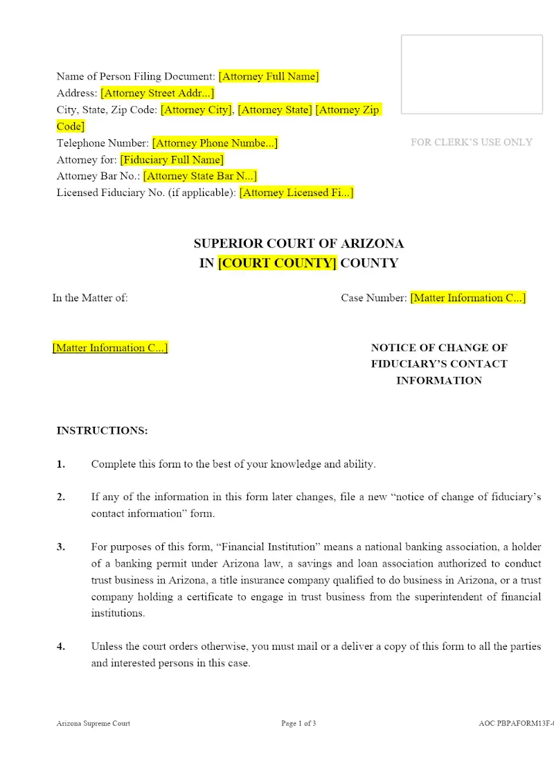Notice of Change of Fiduciary's Contact Info (Form 13F)