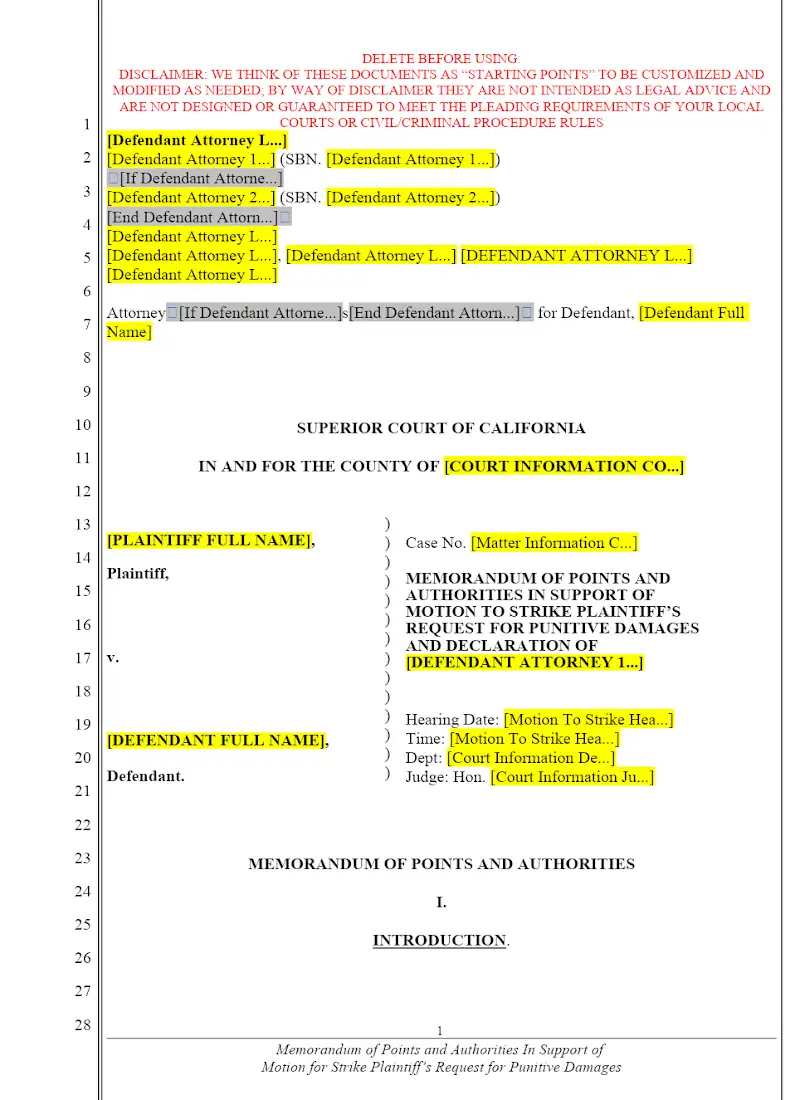 Memorandum in Support of Motion to Strike Punitive Damages