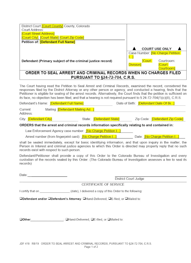 Order to Seal Records - no charges filed (JDF 418)