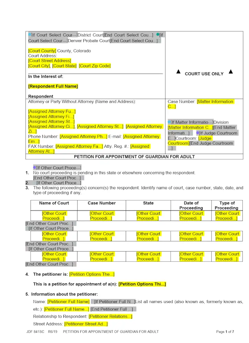 Petition for Appointment of Guardian for Adult (JDF 841SC)