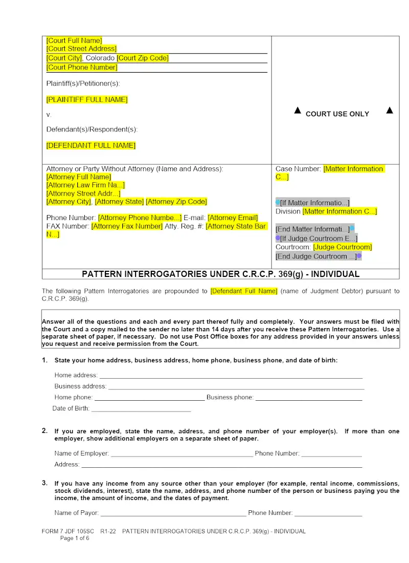 Pattern Interrogatories - Individual (Form 7 JDF 105SC)