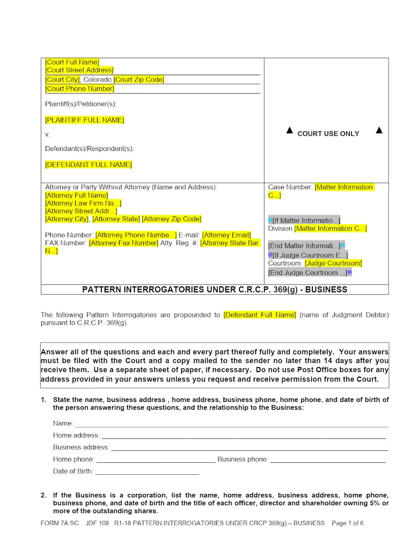 Pattern Interrogatories - Business (Form 7A SC JDF 108)