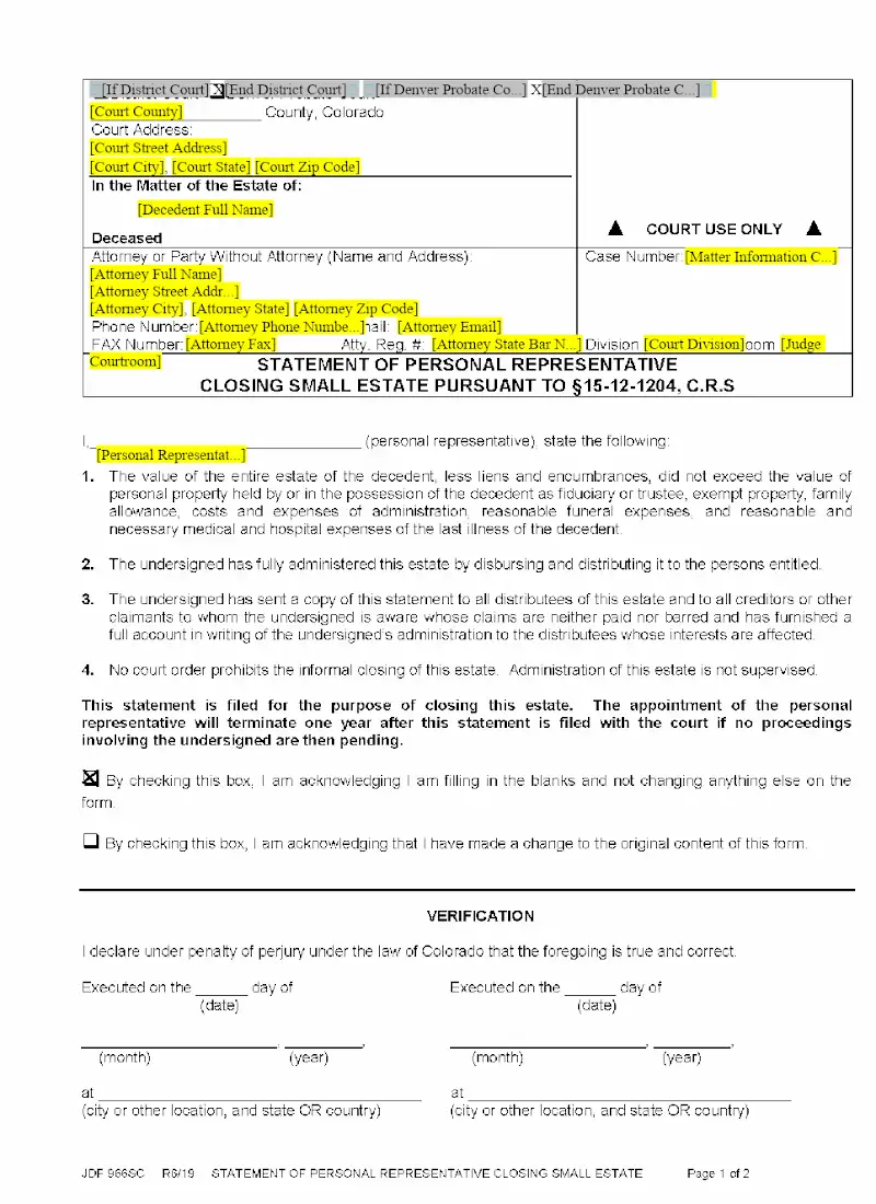 Statement of PR Closing Small Estate (JDF 966 SC)