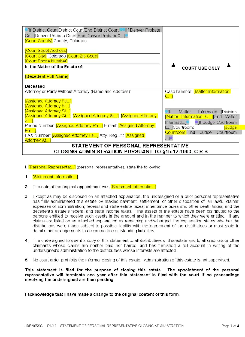Statement of PR Closing Administration (JDF 965)