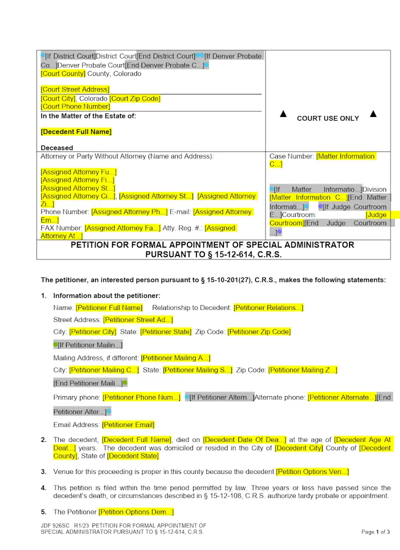 Petition for Formal Appointment of Special Admin (JDF 926)