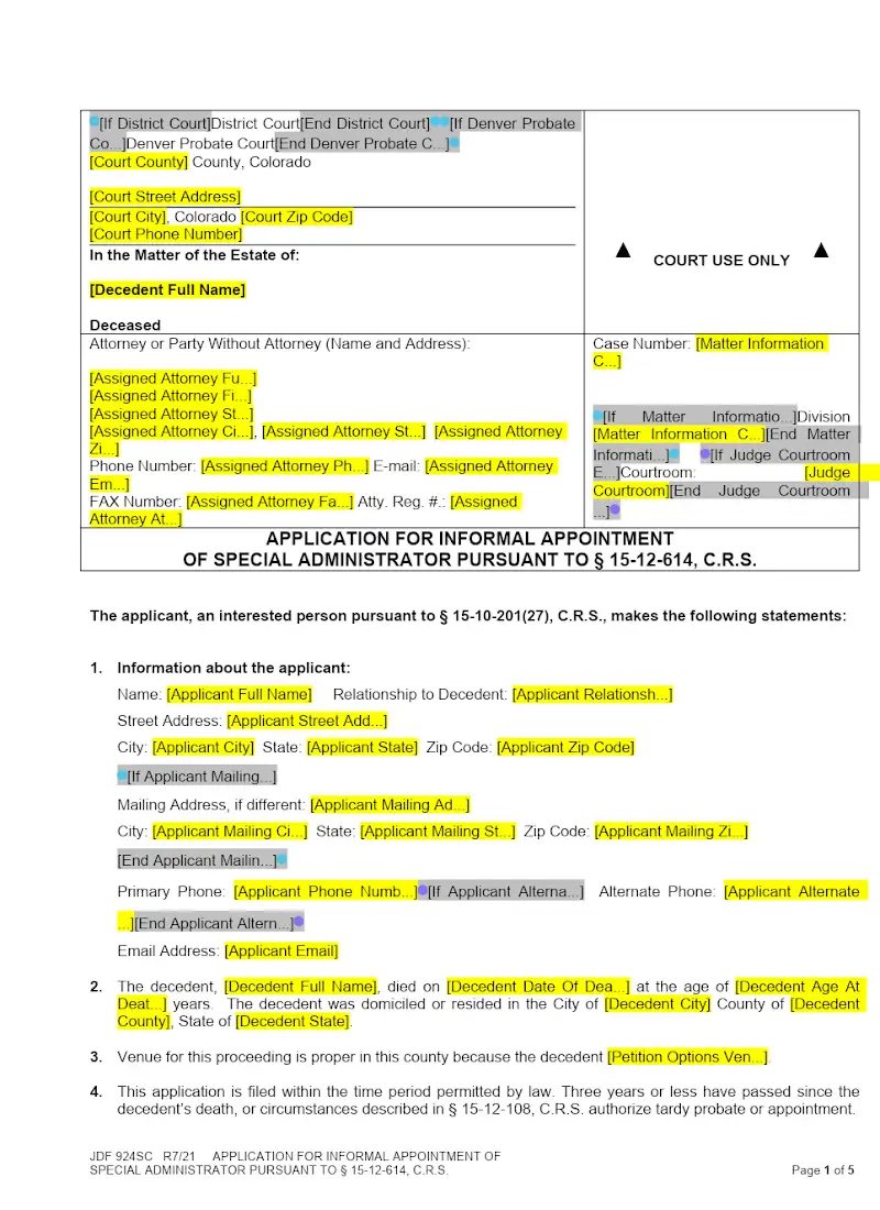 Application for Informal Appointment of Special Admin (JDF 924)