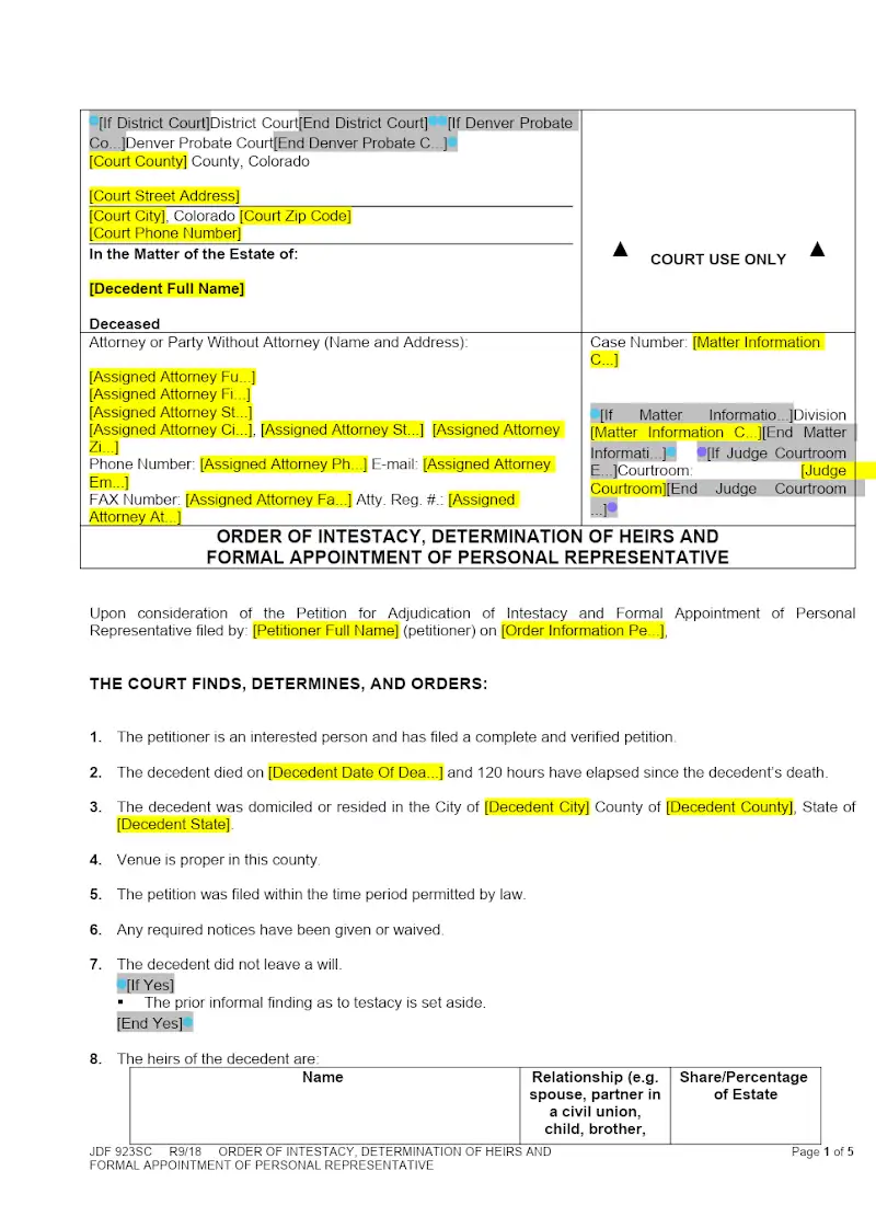 Order of Intestacy, Determination of Heirs, Formal Appointment of PR (JDF 923)