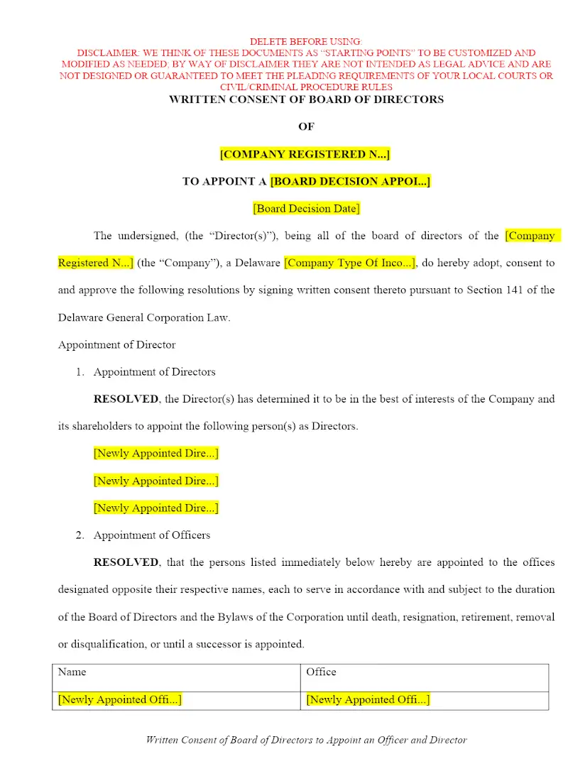 Written Consent of Board of Directors to Appoint an Officer and Director
