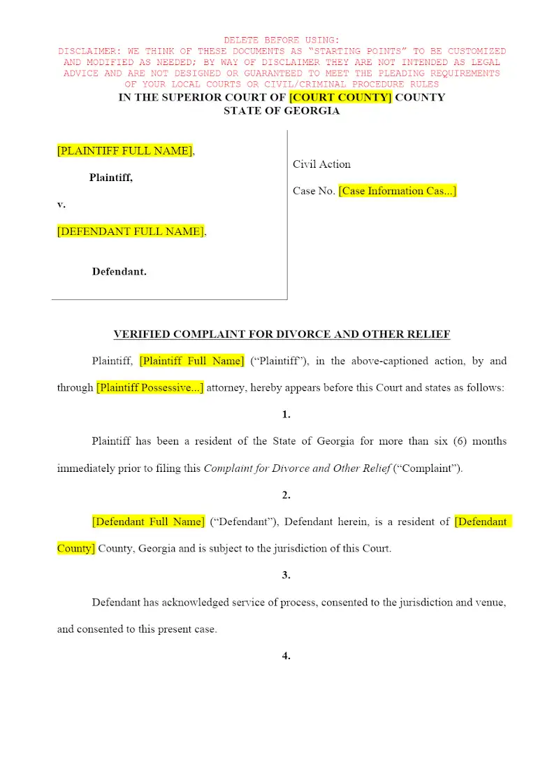 Complaint for Divorce w/ Verification