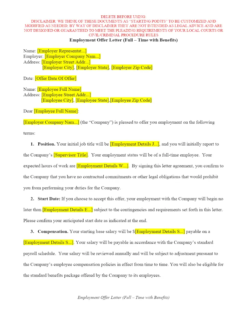 Full-time Employment Offer Letter