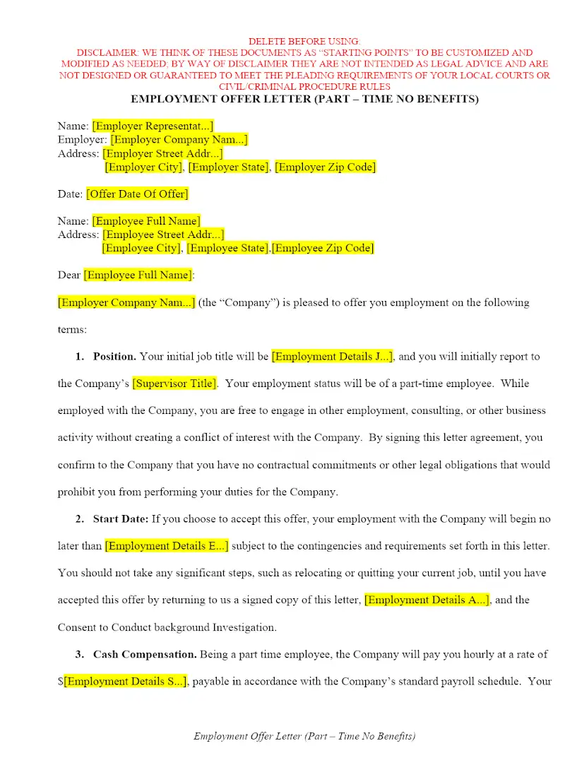 Part-time Employment Offer Letter