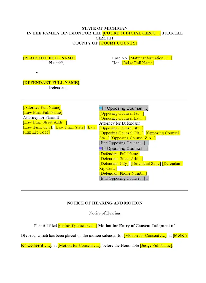 Notice and Motion for Consent Judgment of Divorce