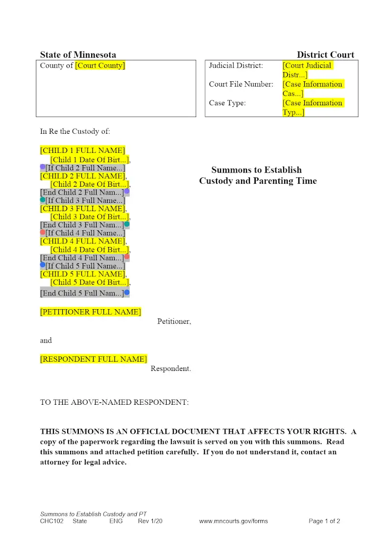 Summons to Establish Custody and Parenting Time (CHC102)