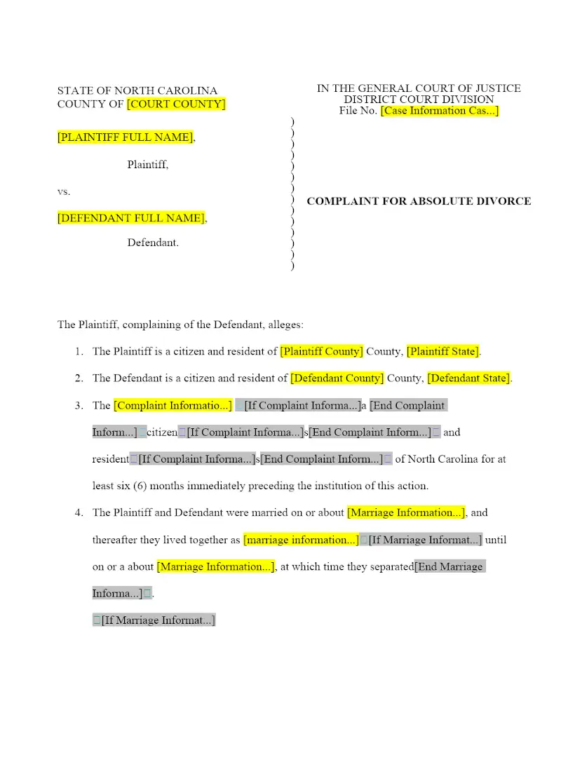 Complaint for Absolute Divorce