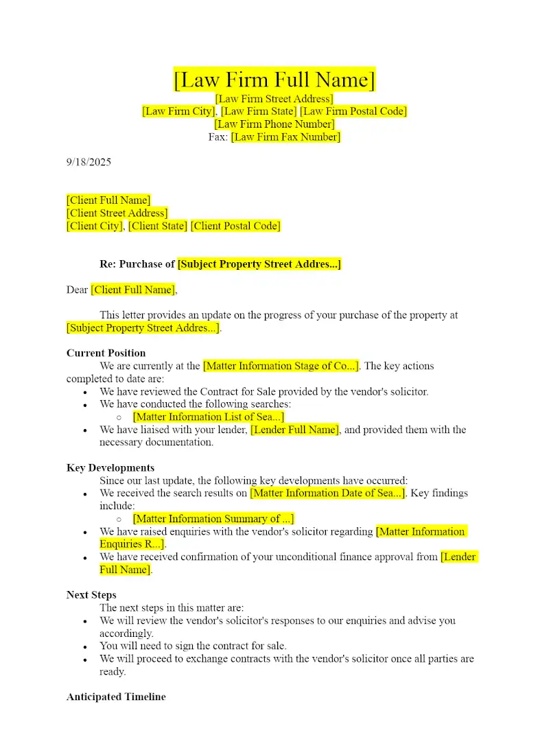 Client Status Update Letter (Conveyancing)