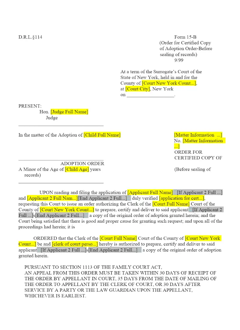 Application for Certified Copy of Adoption Order (Before sealing of records) (15-B)
