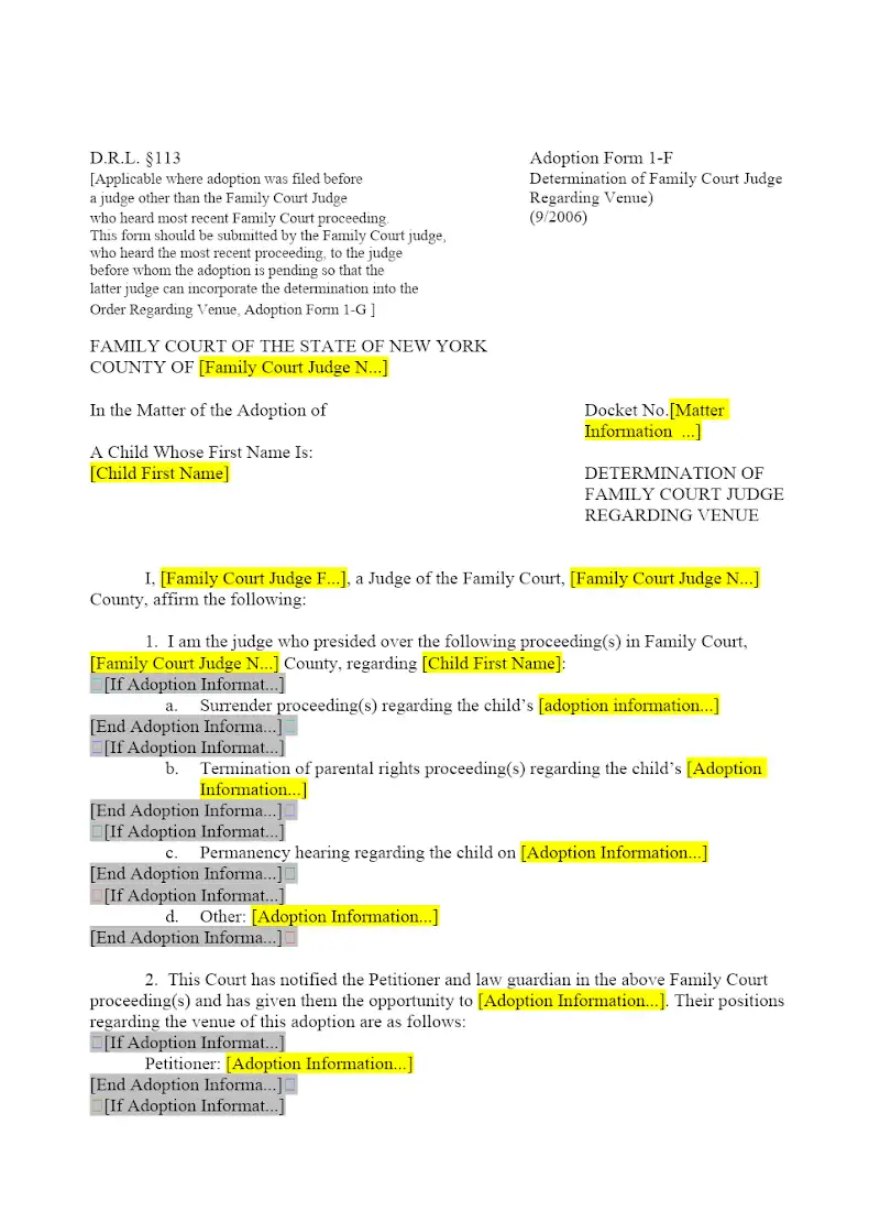 Determination of Family Court Judge Regarding Venue (1-F)