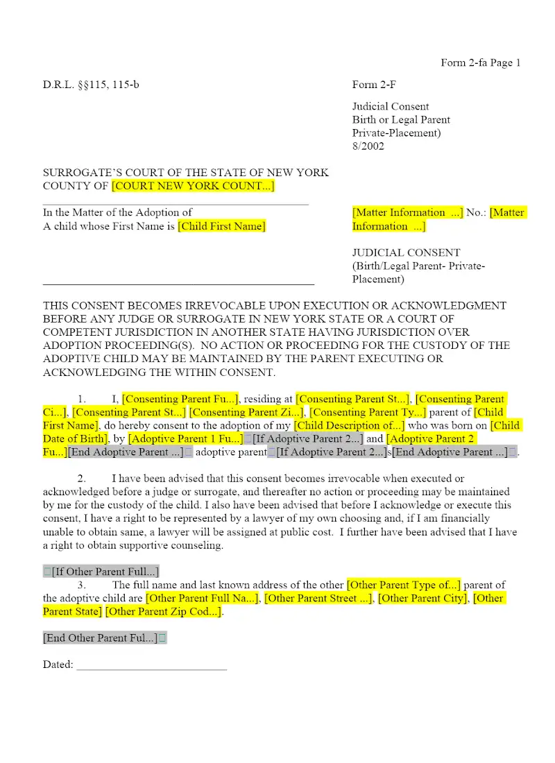Judicial Consent (Birth or Legal Parent Private Placement) (2-F)