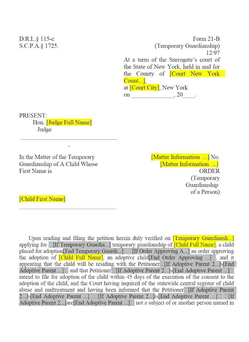 Order (Temporary Guardianship of the Person) (21-B)
